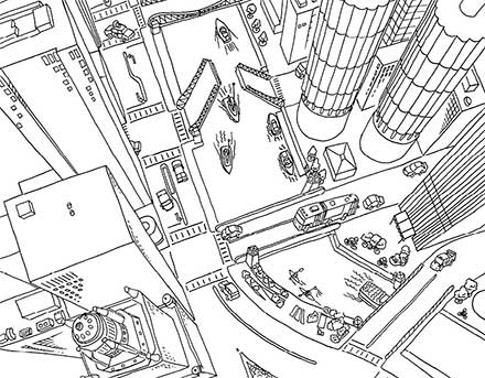 Bird's eye view illustration of downtown Chicago Canal