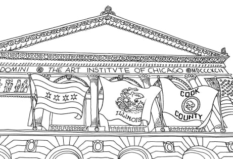 Coloring book illustration: Chicago Art Institute