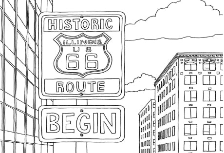 Coloring book illustration: Starting street sign of Route 66 with Chicago buildings in the background