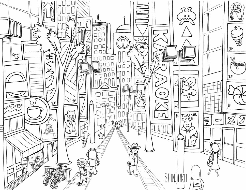 Coloring book illustration: Starting street sign of Route 66 with Chicago buildings in the background