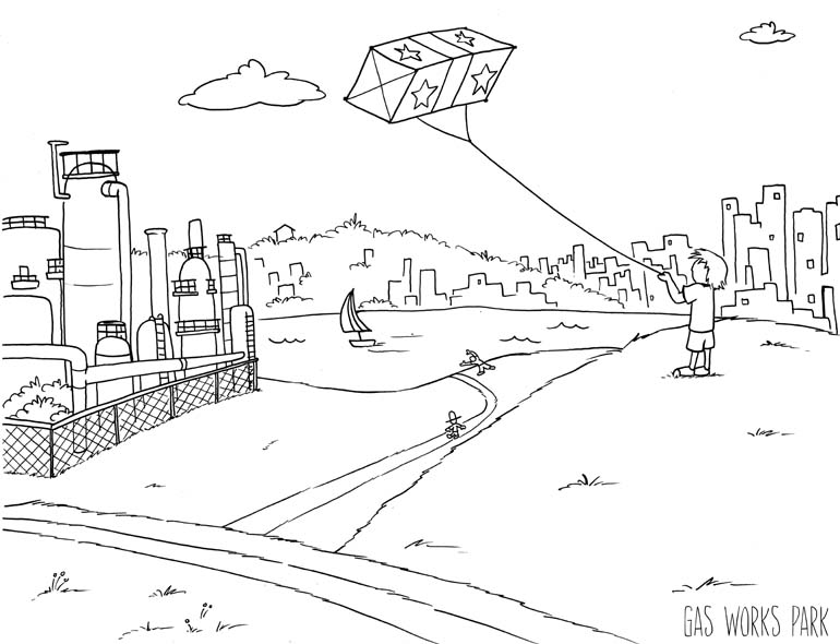 Coloring book illustration: Starting street sign of Route 66 with Chicago buildings in the background