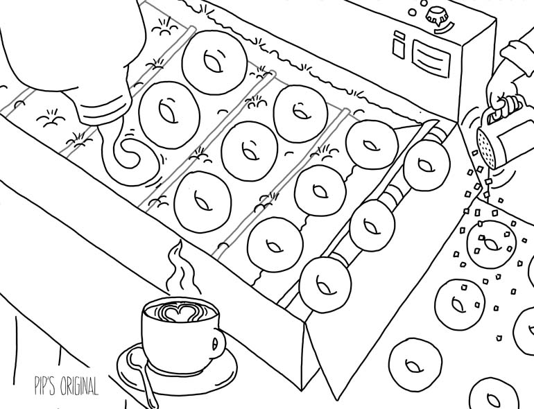 Coloring book illustration: Starting street sign of Route 66 with Chicago buildings in the background